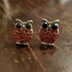 Red rhinestone gemstone bejeweled owl post earrings